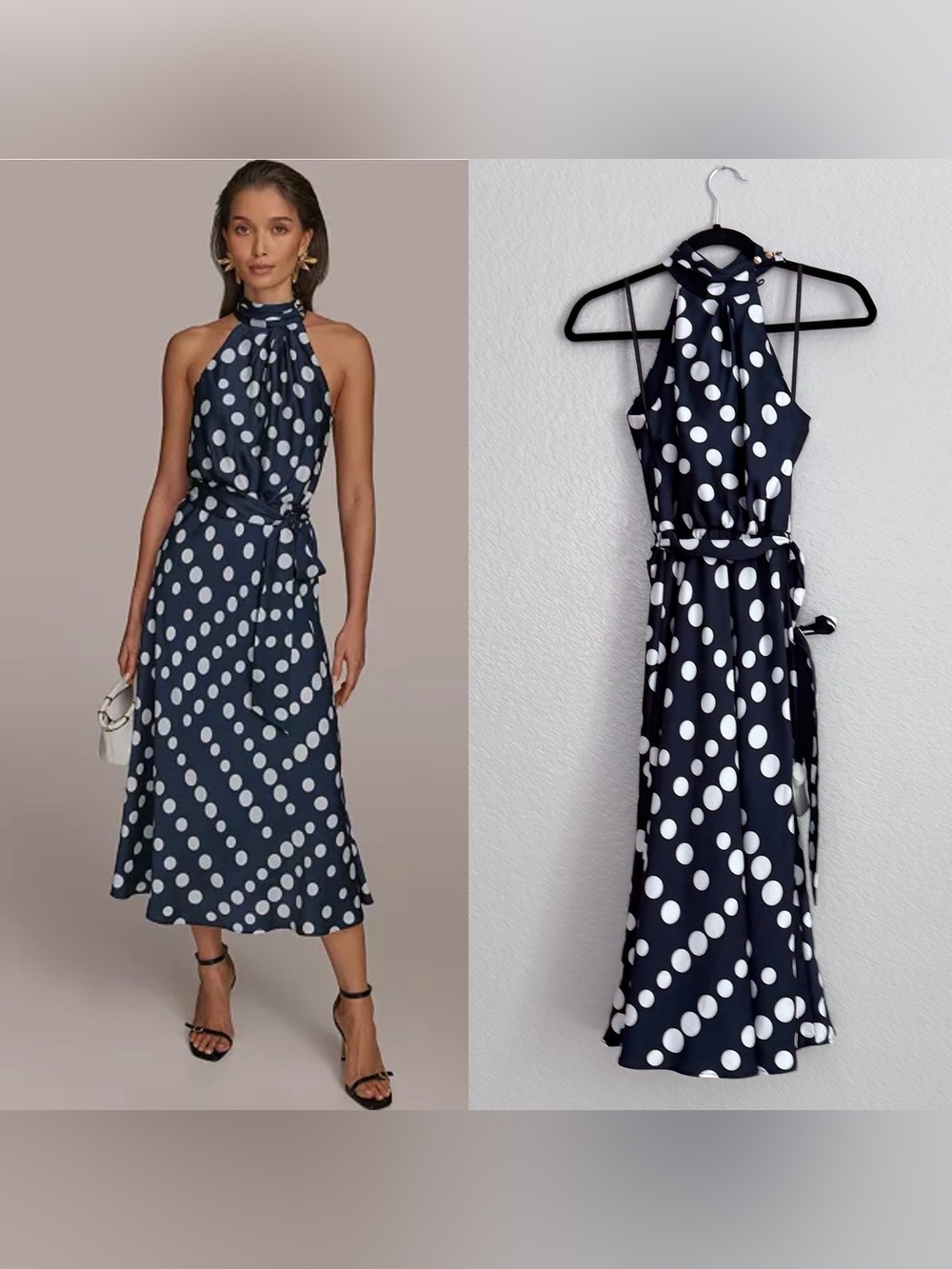 Donna Karan New York Navy White Polka Dot Halter Midi Dress - Picture 2 of 6